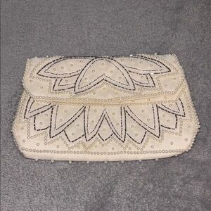 Vintage Off White and Bronze Beaded Clutch
